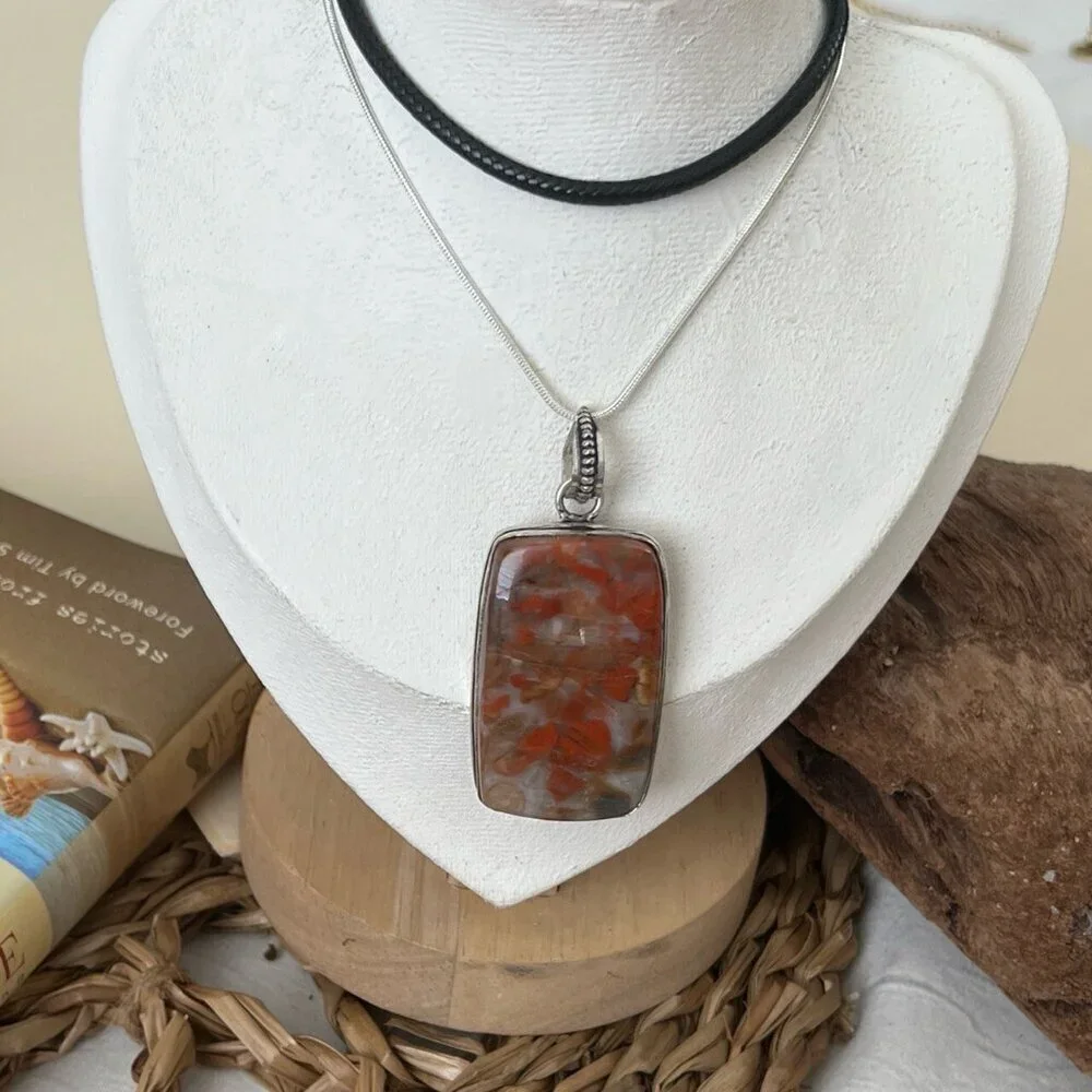 Vintage Large Sterling Silver 925 Red Jasper Pendant 925 Rope Chain Necklace